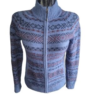 Sherpa Adventure Gear Blue Jaquard Patterned Zip-Up Wool Alpaca Blend Jacket XS
